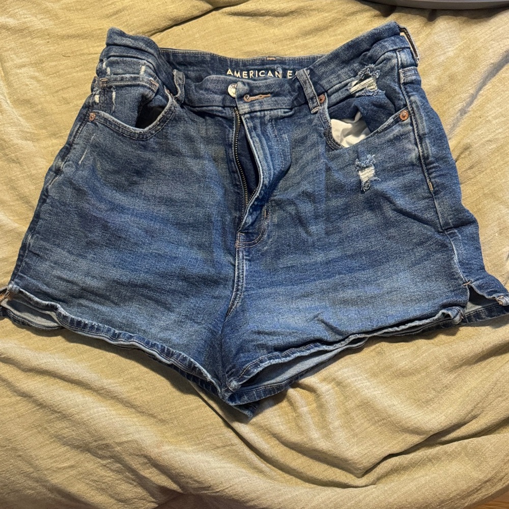 American Eagle Outfitters Women's Distressed Blue Curvy Mom Jean Shorts